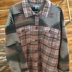 Jen & Co Women's Southwestern Plaid Button Down Shirt - Pink and Gray